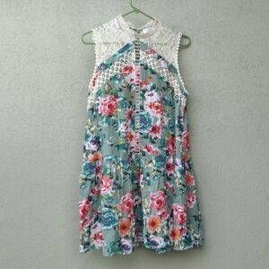 Umgee Green Floral Lace Sleeveless Babydoll Dress M